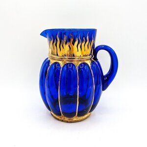 Euroglass Hand Blown Cobalt Blue Bubble Glass Pitcher Gold Zodiac Sun Flames 8"